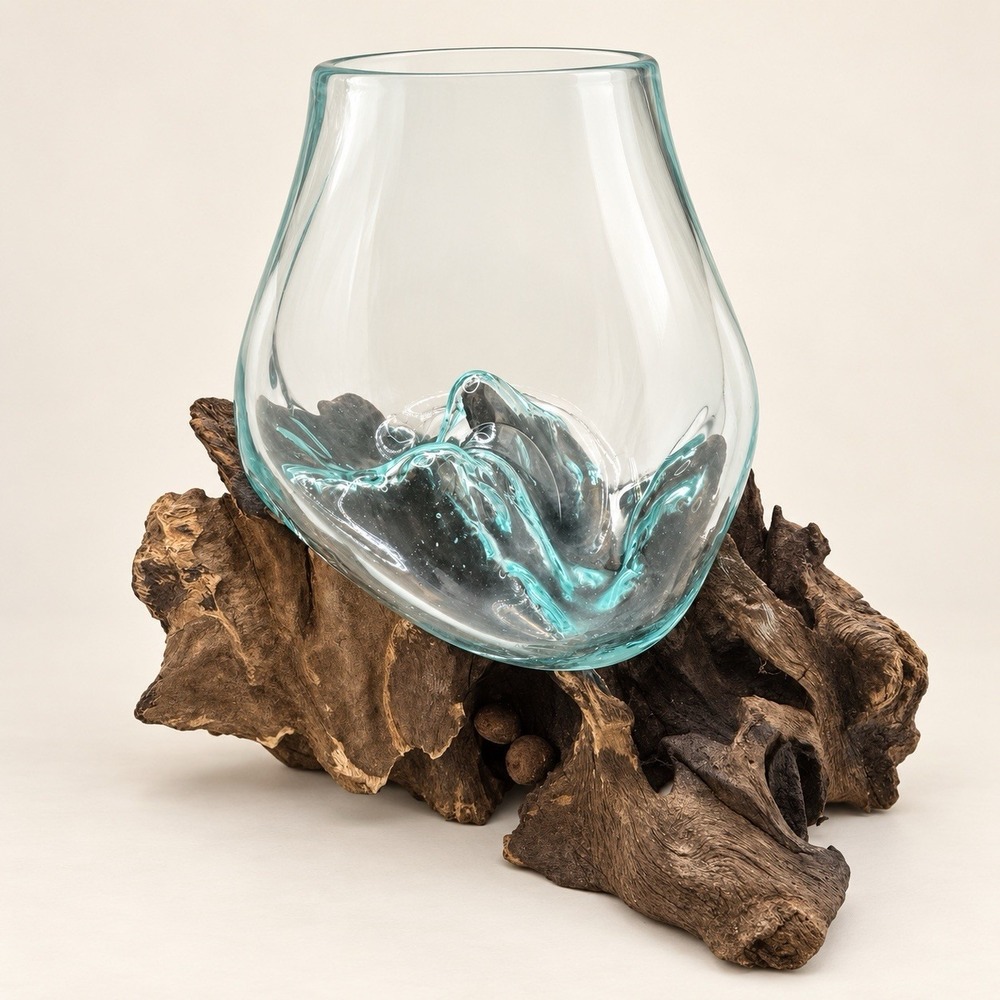 Hand Blown Glass Driftwood Bowl Planter Vase Rustic Coastal Boho Decor OOAK
